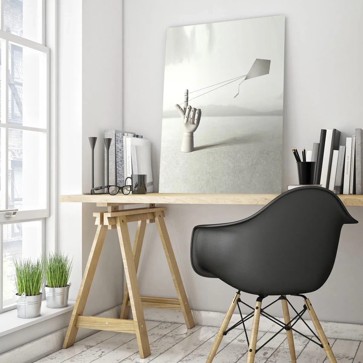 Cuadro sobre vidrio - Impresiones sobre Vidrio - Una mano de madera que sostiene una cometa flotante en su dedo. - 50x70cm - Una prueba de fuerza - Decoración de pared moderna para salón y dormitorio ARTTOR