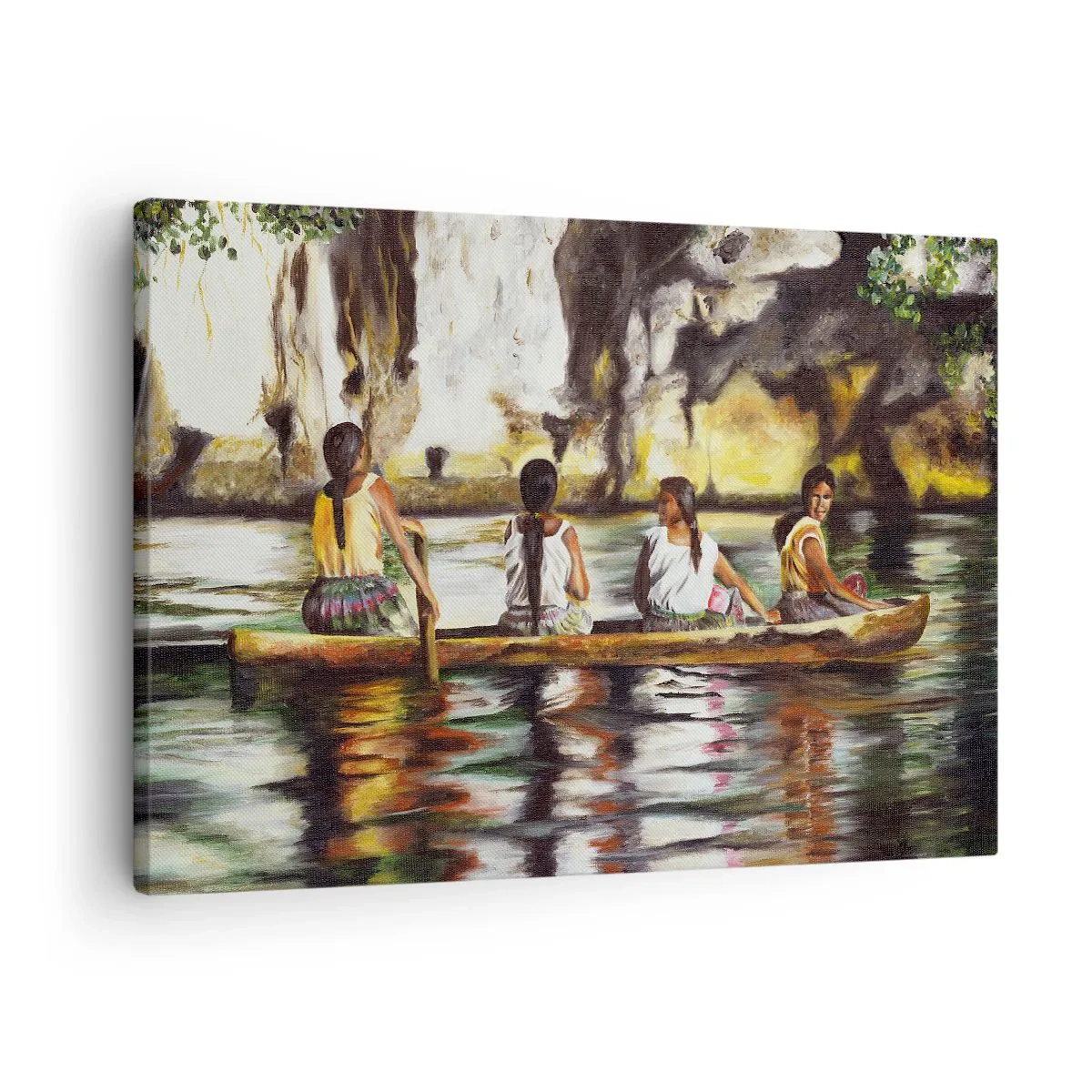 Cuadro sobre lienzo - Impresión de Imagen - Mujeres en un bote en un río tranquilo con un fondo pintoresco - 70x50cm - En un paraíso polinesio - Decoración de pared moderna para salón y dormitorio ARTTOR