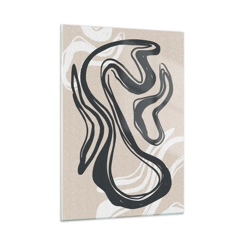 Cuadro sobre vidrio - Impresiones sobre Vidrio - Línea negra expresiva sobre fondo beige en estilo abstracto. - 50x70cm - Expresión multiplicada - Decoración de pared moderna para salón y dormitorio ARTTOR