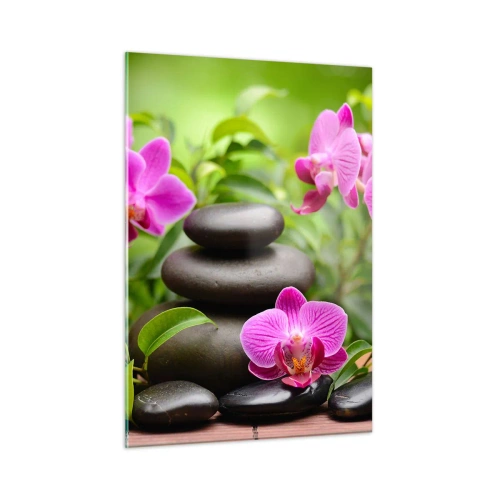 Cuadro sobre vidrio - Impresiones sobre Vidrio - Orquídeas rosas y piedras negras en un entorno tranquilo. - 50x70cm - Una pirámide de paz - Decoración de pared moderna para salón y dormitorio ARTTOR