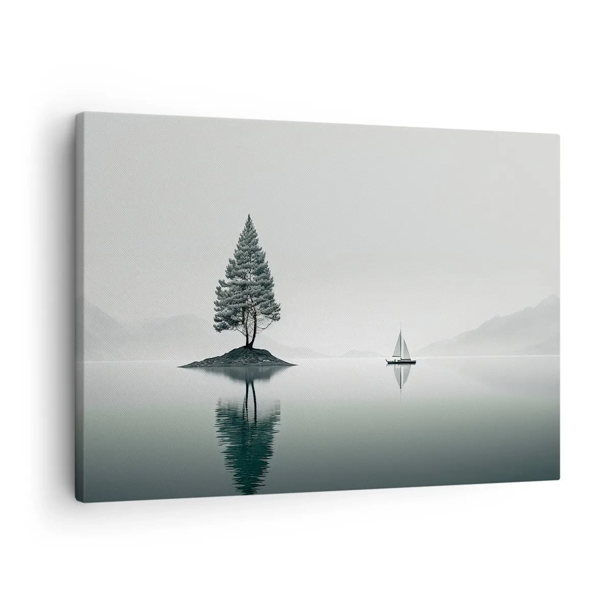 Cuadro sobre lienzo - Impresión de Imagen - Un paisaje minimalista con un árbol en una isla y un velero. - 70x50cm - Un sueño hecho realidad - Decoración de pared moderna para salón y dormitorio ARTTOR