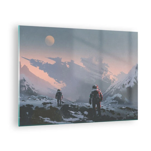 Cuadro sobre vidrio - Impresiones sobre Vidrio - Astronautas en un planeta alienígena con un naufragio al fondo - 70x50cm - Bajo una estrella desconocida - Decoración de pared moderna para salón y dormitorio ARTTOR
