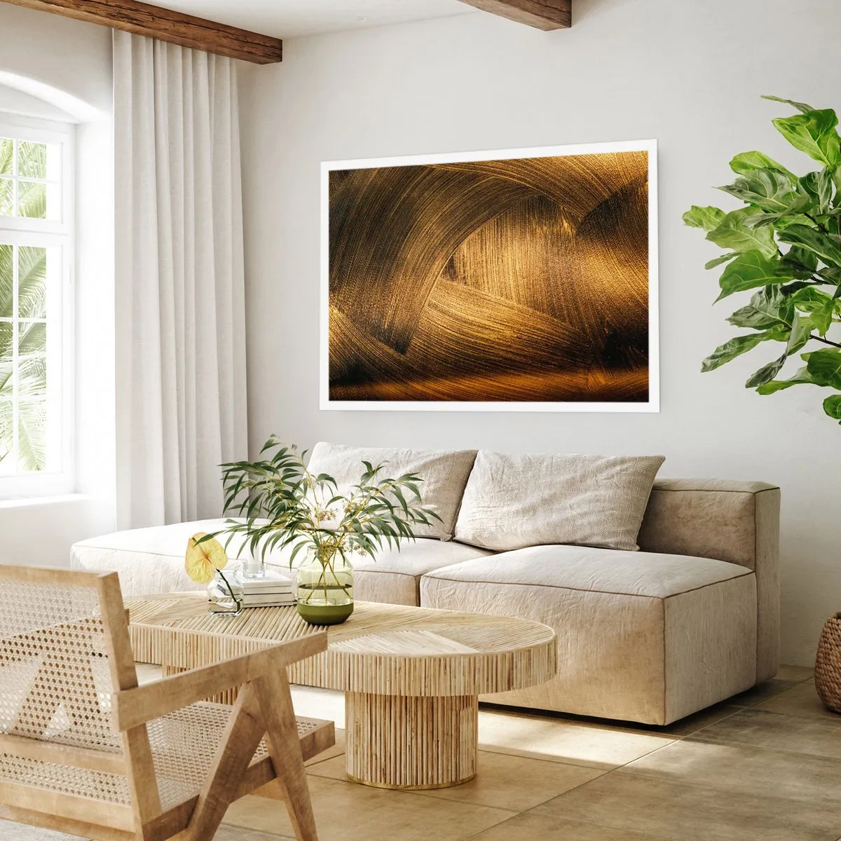 Póster - Pinceladas abstractas doradas - 100x70cm - En un laberinto de oro - Decoración de pared moderna para salón y dormitorio ARTTOR