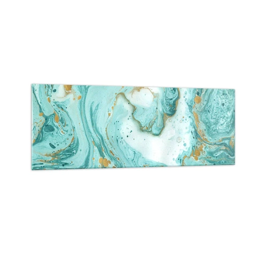 Cuadro sobre vidrio - Impresiones sobre Vidrio - Mármol turquesa con acentos dorados en una composición abstracta. - 140x50cm - Bajo la gran ola del periodo Edo - Decoración de pared moderna para salón y dormitorio ARTTOR