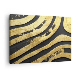 Cuadro sobre lienzo - Impresión de Imagen - Ondas abstractas doradas sobre un fondo negro - 70x50cm - Todo fluye - Decoración de pared moderna para salón y dormitorio ARTTOR