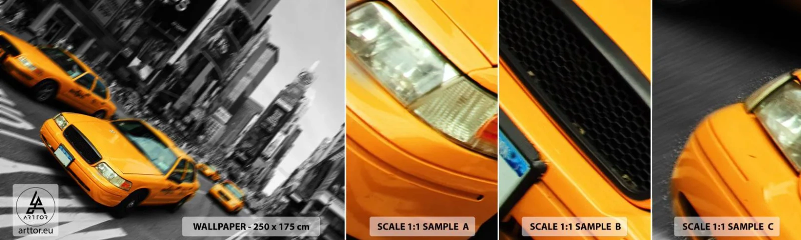 Muestra de fotomural autoadhesivo Deluxe Sticker - El sol cae sobre Nueva York - Ciudad, ney york, Taxi - 100x30 cm