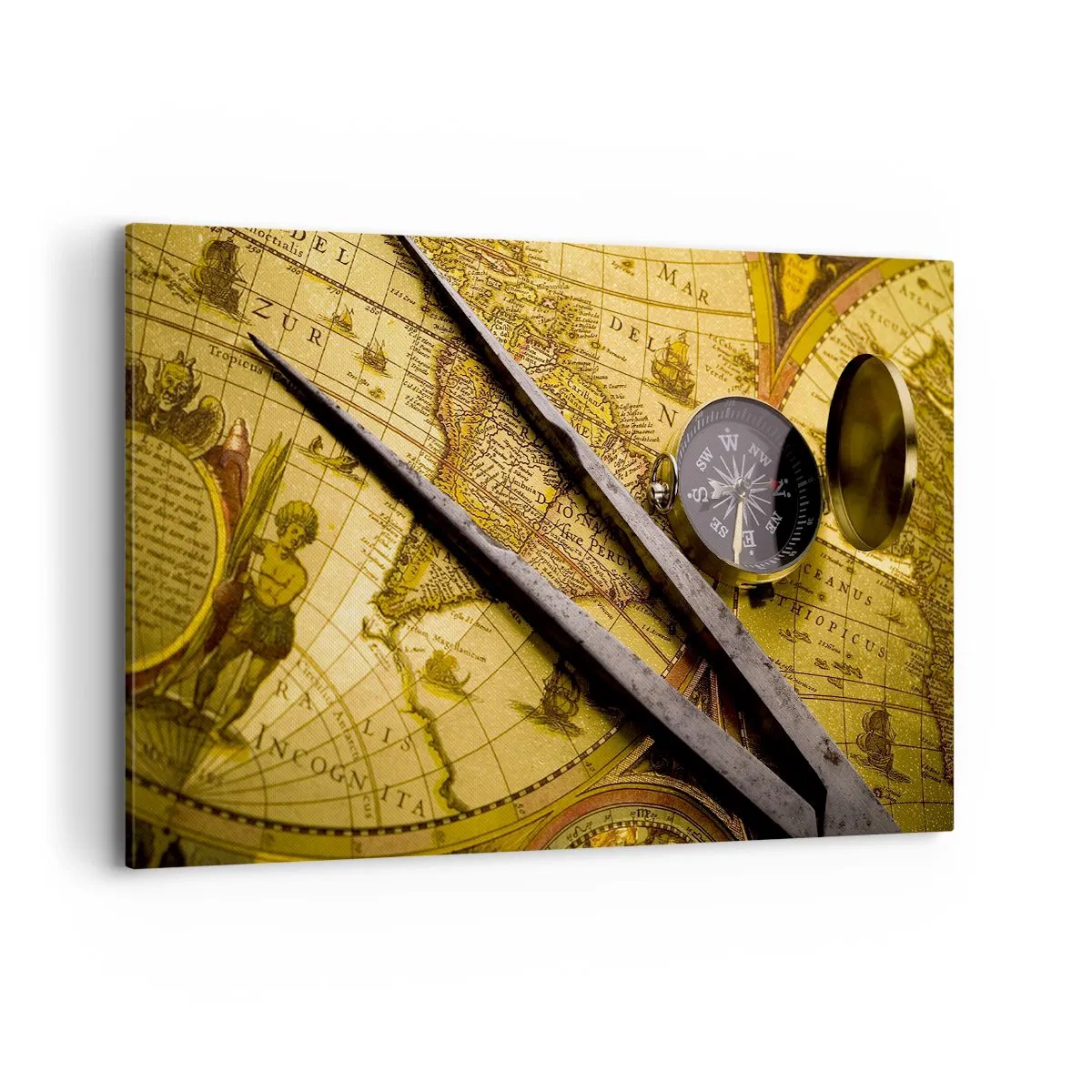 Cuadro sobre lienzo - Impresión de Imagen - Un mapa del mundo antiguo con una brújula y un par de brújulas en el fondo. - 120x80cm - ¿Dónde están los tesoros? - Decoración de pared moderna para salón y dormitorio ARTTOR