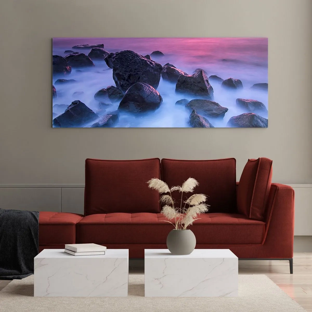 Cuadro sobre vidrio - Impresiones sobre Vidrio - Costa rocosa al atardecer - 160x50cm - Nacimiento en la luz y la niebla - Decoración de pared moderna para salón y dormitorio ARTTOR