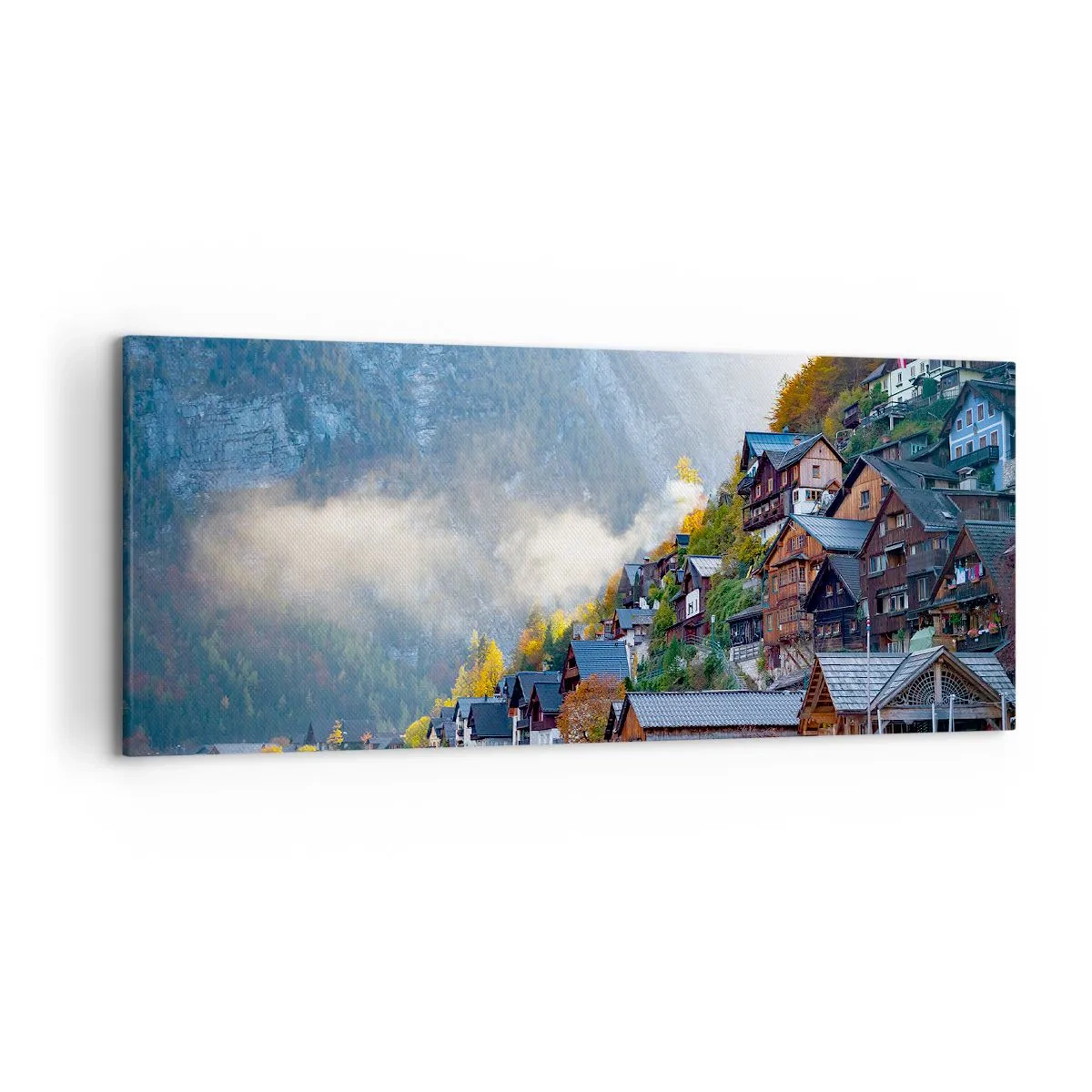 Cuadro sobre lienzo - Impresión de Imagen - Un pueblo de montaña junto a un lago en un paisaje otoñal. - 120x50cm - Ambiente alpino - Decoración de pared moderna para salón y dormitorio ARTTOR