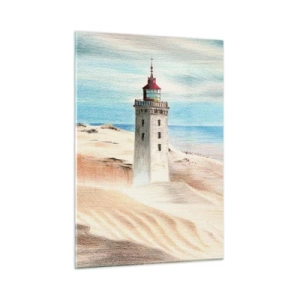 Cuadro sobre vidrio - Impresiones sobre Vidrio - Un faro en una duna del desierto junto a un mar en calma - 50x70cm - Siempre mirando al mar - Decoración de pared moderna para salón y dormitorio ARTTOR
