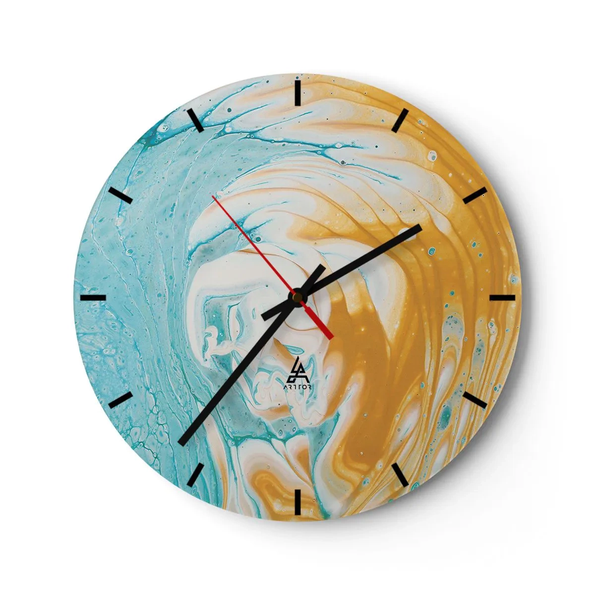 Reloj de pared - Reloj de vidrio - Un remolino abstracto en tonos azul, blanco y naranja. - 30x30cm - Remolino pastel - Decoración de pared moderna para salón, cocina y dormitorio ARTTOR