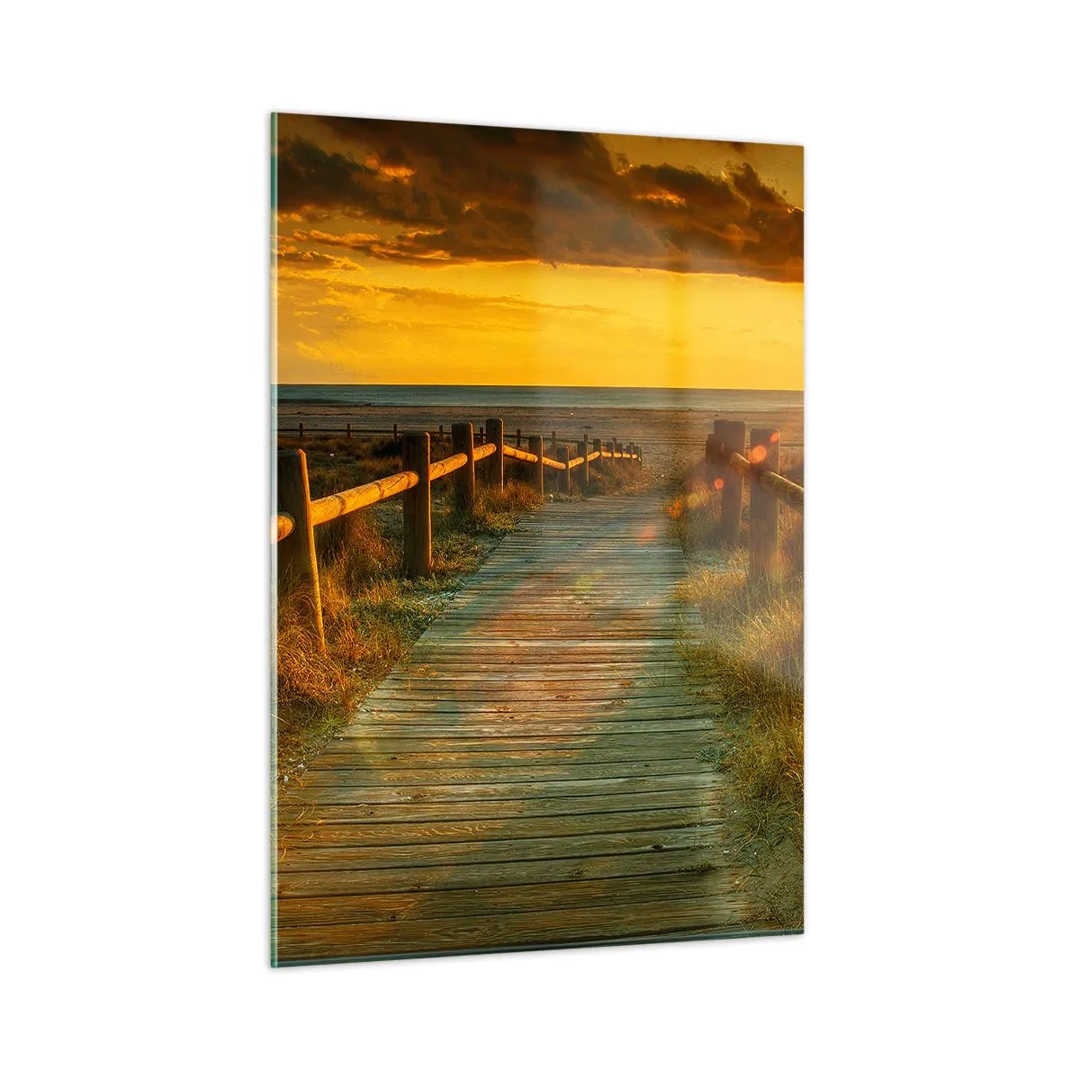 Cuadro sobre vidrio - Impresiones sobre Vidrio - Un camino de madera que conduce hacia la puesta del sol. - 50x70cm - Bañado en oro viejo - Decoración de pared moderna para salón y dormitorio ARTTOR