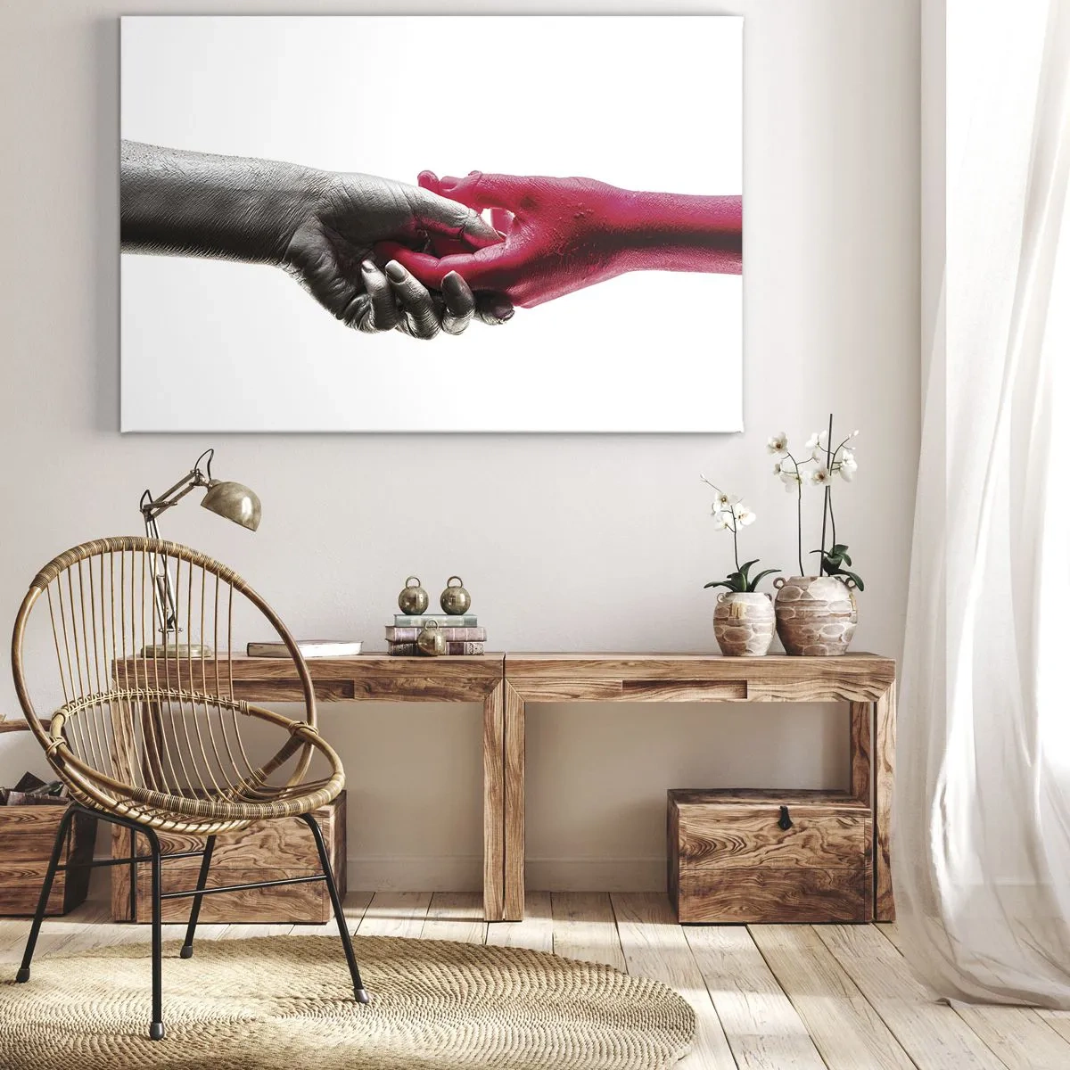 Cuadro sobre lienzo - Impresión de Imagen - Manos simbólicas en plata y rojo. - 70x50cm - Juntos, aunque diferentes - Decoración de pared moderna para salón y dormitorio ARTTOR