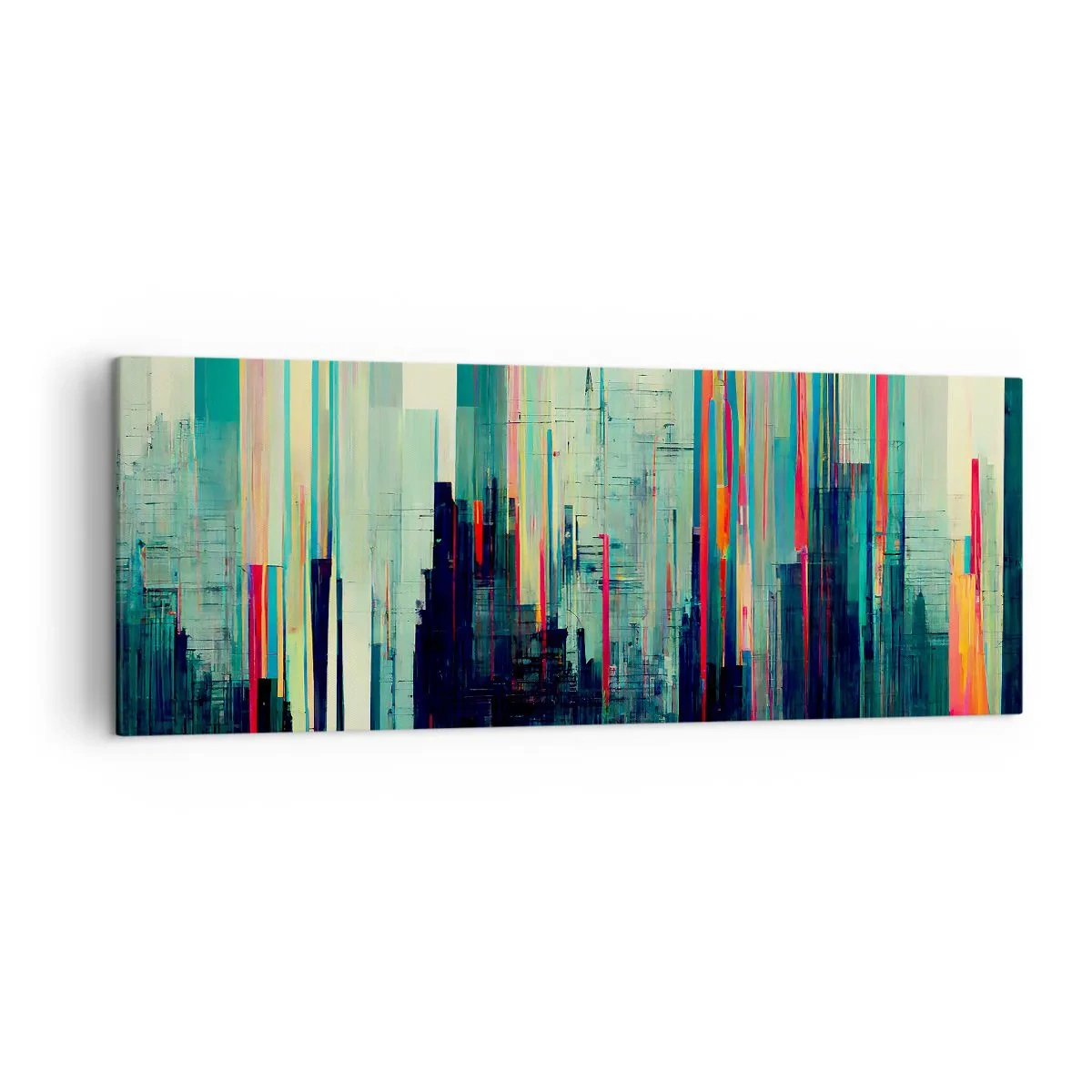 Cuadro sobre lienzo - Impresión de Imagen - Abstracción con líneas verticales y un horizonte de ciudad. - 140x50cm - Ciudad futurista - Decoración de pared moderna para salón y dormitorio ARTTOR