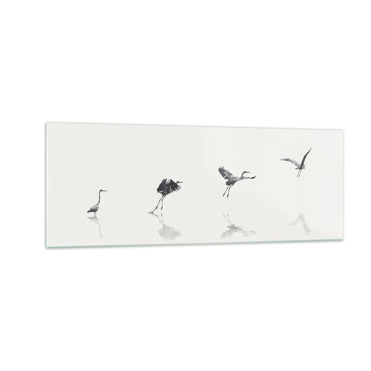Cuadro sobre vidrio - Impresiones sobre Vidrio - Cuatro siluetas de aves reflejadas en el agua tranquila. - 140x50cm - Cuatro sencillos pasos para despegar - Decoración de pared moderna para salón y dormitorio ARTTOR