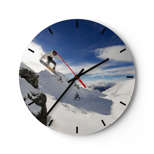 Reloj de pared - Reloj de vidrio - Snowboarder en acción con montañas al fondo - 30x30cm - Libertad sin fronteras - Decoración de pared moderna para salón, cocina y dormitorio ARTTOR