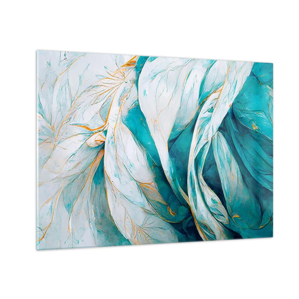 Cuadro sobre vidrio - Impresiones sobre Vidrio - Abstracción orgánica en líneas azules y doradas. - 70x50cm - Abstracción azul con motivos dorados - Decoración de pared moderna para salón y dormitorio ARTTOR
