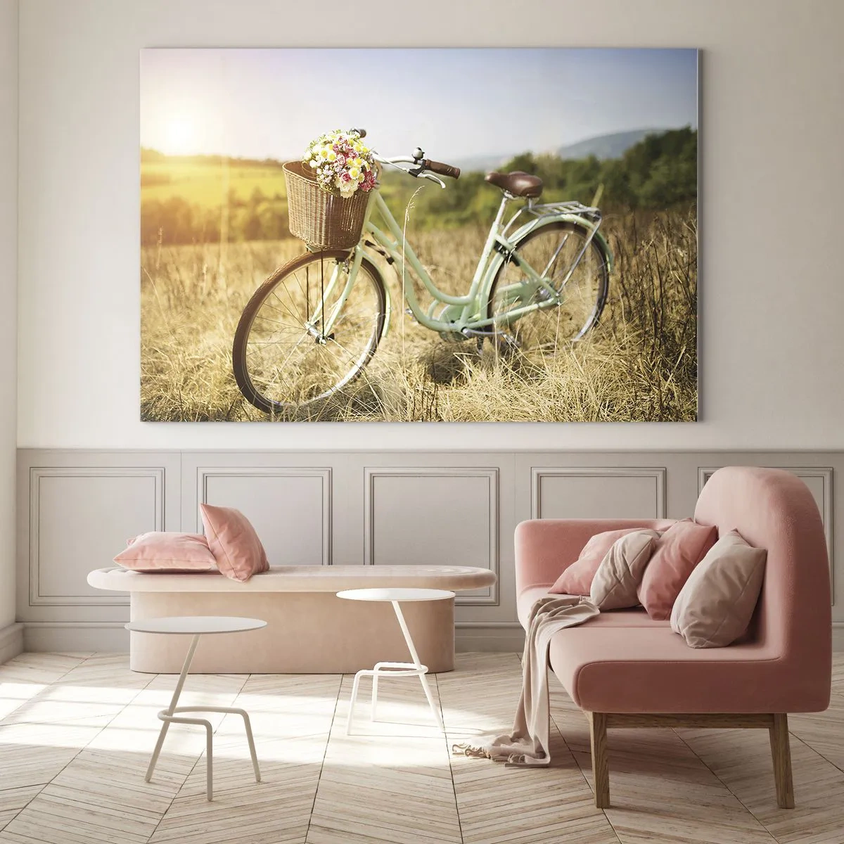 Cuadro sobre vidrio - Impresiones sobre Vidrio - Bicicleta retro con flores sobre un fondo natural. - 120x80cm - Me quedaré aquí un tiempo - Decoración de pared moderna para salón y dormitorio ARTTOR
