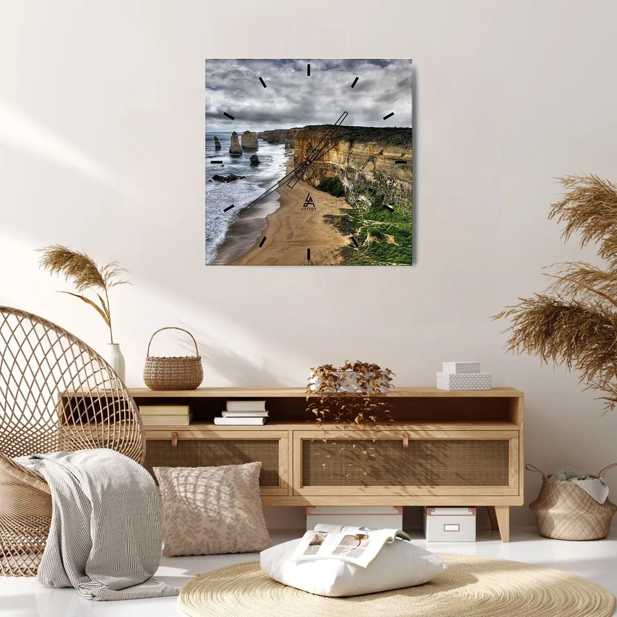 Reloj de pared - Reloj de vidrio - Costa de acantilados con playa y formaciones rocosas - 30x30cm - Belleza en bruto - Decoración de pared moderna para salón y dormitorio ARTTOR