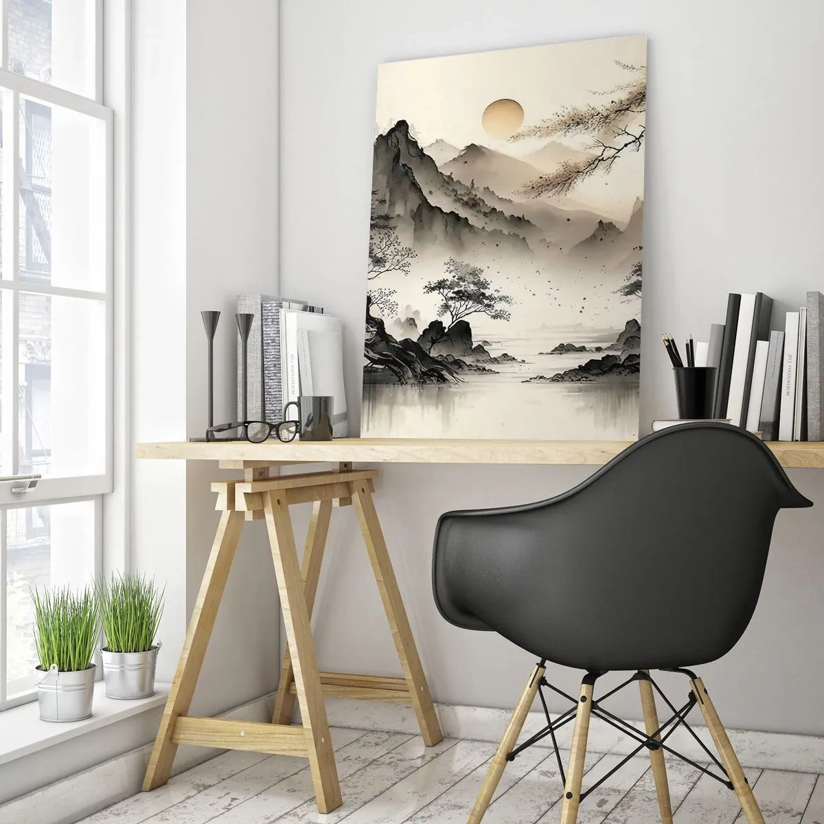 Cuadro sobre vidrio - Impresiones sobre Vidrio - Un paisaje oriental con montañas y una pagoda en tonos delicados. - 70x100cm - El encanto único de Oriente - Decoración de pared moderna para salón y dormitorio ARTTOR