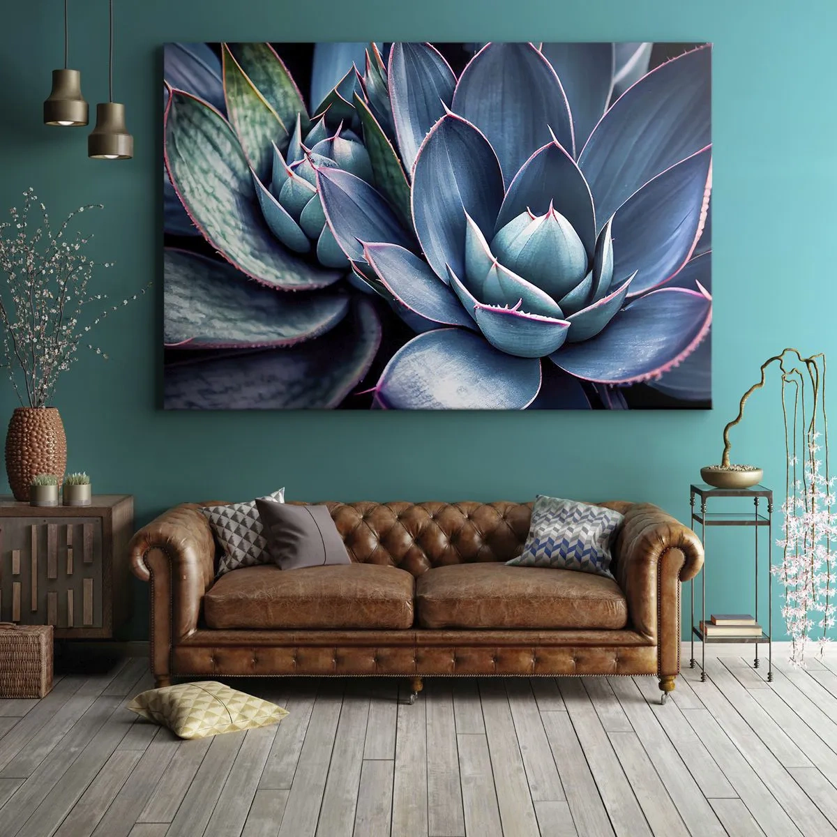 Cuadro sobre lienzo - Impresión de Imagen - Agave en tonos azules y verdes con acentos rosados. - 120x80cm - Fuerza vital - Decoración de pared moderna para salón y dormitorio ARTTOR