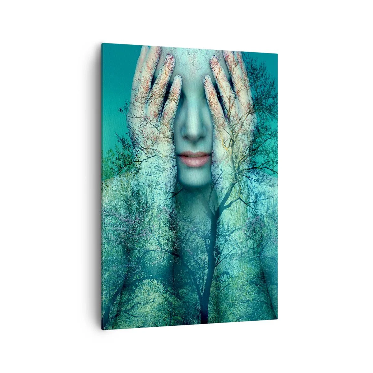 Cuadro sobre lienzo - Impresión de Imagen - Figura de mujer con motivo de árbol sobre un fondo de paisaje turquesa. - 70x100cm - Sumergida en azul - Decoración de pared moderna para salón y dormitorio ARTTOR