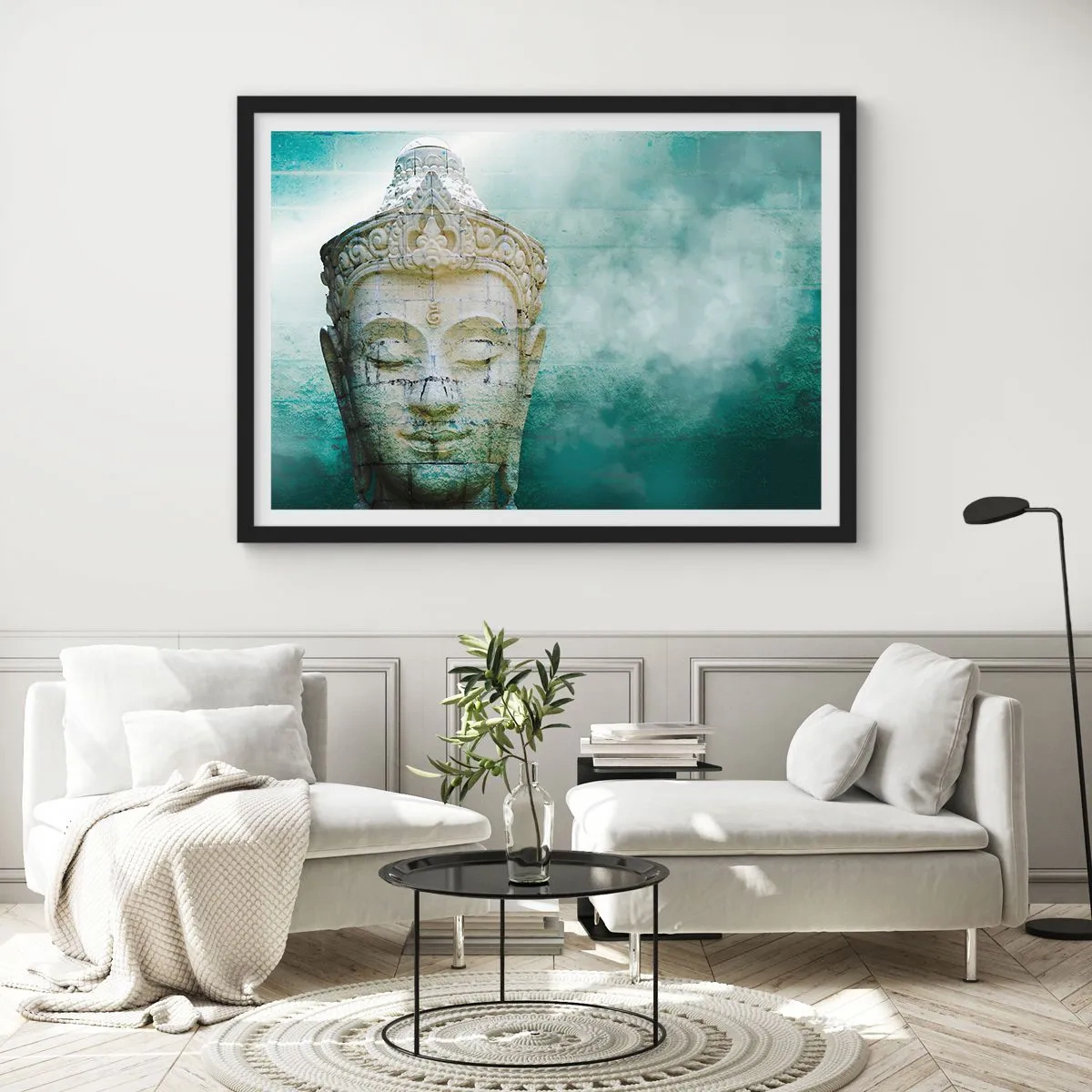 Póster en marco negro - Estatua de Buda con una suave niebla sobre un fondo verde. - 70x50cm - Buscando la luz - Decoración de pared moderna para salón y dormitorio ARTTOR