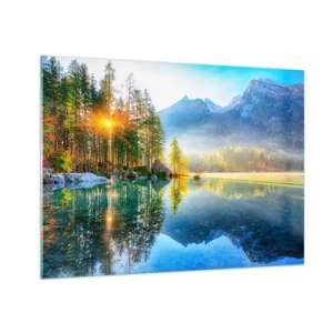Cuadro sobre vidrio - Impresiones sobre Vidrio - Paisaje de montaña con un lago y el sol de la mañana. - 70x50cm - Majestuosidad y dulzura - Decoración de pared moderna para salón y dormitorio ARTTOR