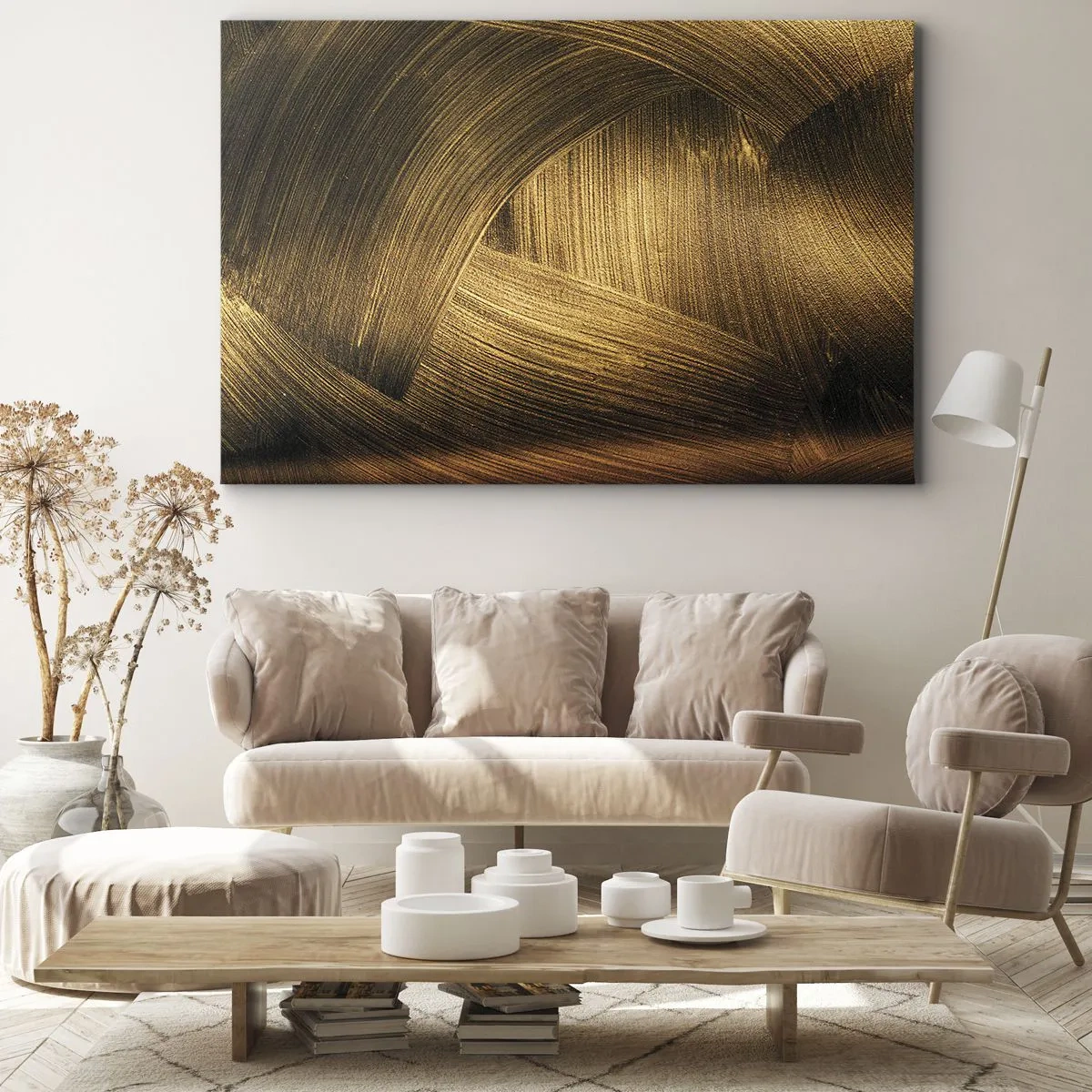 Cuadro sobre lienzo - Impresión de Imagen - Pinceladas abstractas doradas - 120x80cm - En un laberinto de oro - Decoración de pared moderna para salón y dormitorio ARTTOR