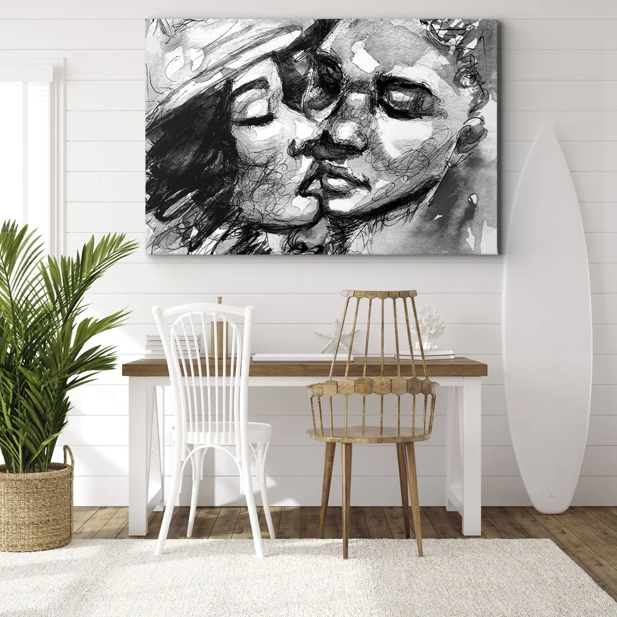 Cuadro sobre lienzo - Impresión de Imagen - Una acuarela en blanco y negro que representa un momento íntimo entre dos personas. - 70x50cm - Un momento tierno - Decoración de pared moderna para salón y dormitorio ARTTOR