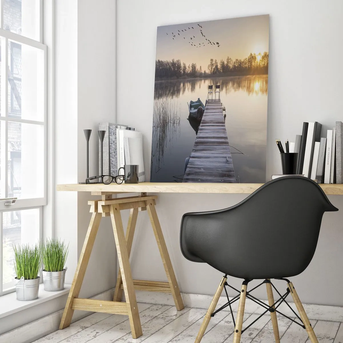Cuadro sobre vidrio - Impresiones sobre Vidrio - Un muelle junto al lago por la mañana con un barco y sillas. - 70x100cm - Volveré en un rato - Decoración de pared moderna para salón y dormitorio ARTTOR