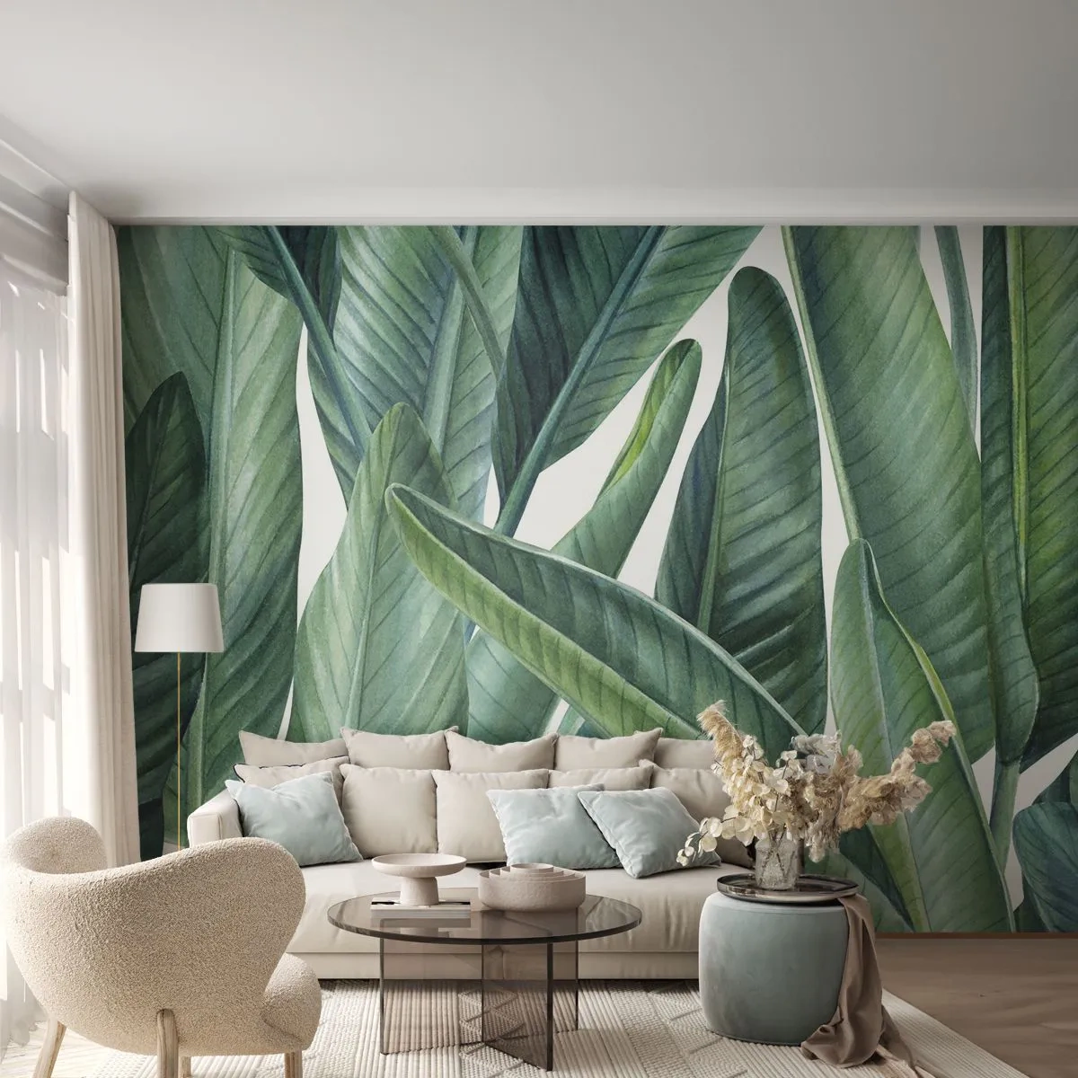 Fotomural Premium Sand - Hojas de plátano botánicas en tonos verdes sobre un fondo blanco. - 100x70cm - Vegetación en estado puro - Decoración de pared moderna para salón y dormitorio ARTTOR