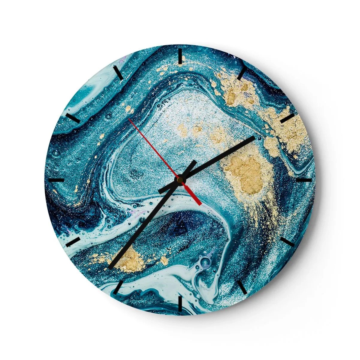 Reloj de pared - Reloj de vidrio - Un remolino abstracto en tonos azules y dorados con efecto mármol. - 30x30cm - Vórtice azul - Decoración de pared moderna para salón, cocina y dormitorio ARTTOR