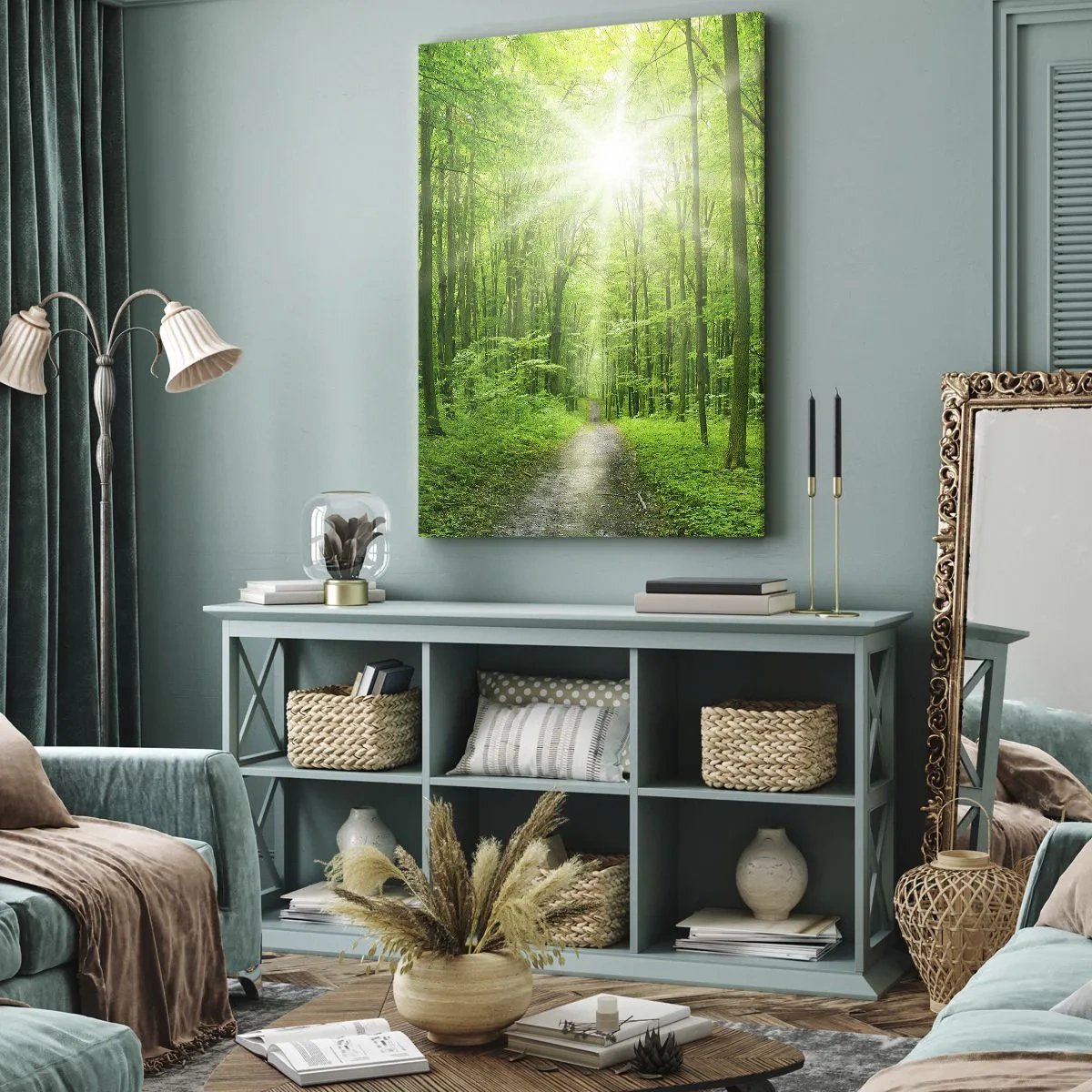 Cuadro sobre lienzo - Impresión de Imagen - Camino en el bosque con rayos de sol. - 50x70cm - Catedral verde - Decoración de pared moderna para salón y dormitorio ARTTOR