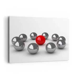 Cuadro sobre lienzo - Impresión de Imagen - Una bola roja rodeada de bolas plateadas sobre un fondo blanco. - 100x70cm - Círculo en plata y rojo - Decoración de pared moderna para salón y dormitorio ARTTOR