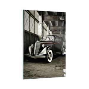 Cuadro sobre vidrio - Impresiones sobre Vidrio - Un elegante coche retro en un almacén rústico - 70x100cm - La elegancia perdurable de los años 30. - Decoración de pared moderna para salón y dormitorio ARTTOR