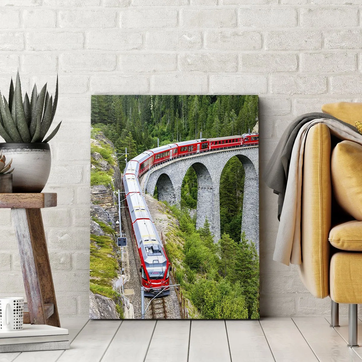 Cuadro sobre lienzo - Impresión de Imagen - Un tren en un pintoresco viaducto en un paisaje montañoso. - 70x100cm - Atravesando las montañas - Decoración de pared moderna para salón y dormitorio ARTTOR
