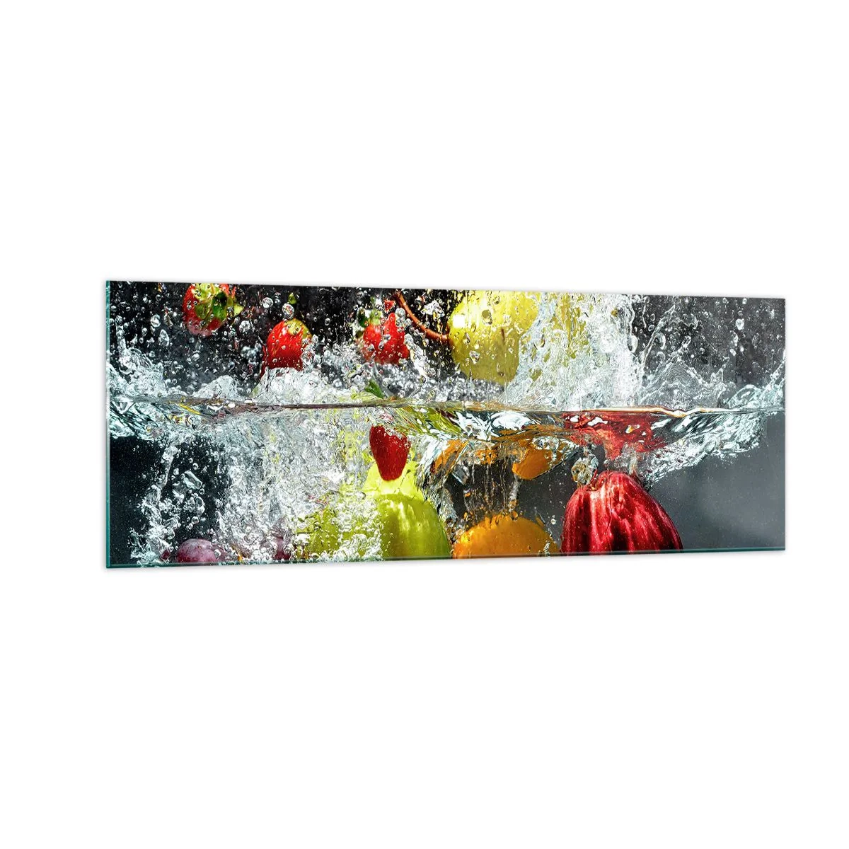 Cuadro sobre vidrio - Impresiones sobre Vidrio - Frutas coloridas en el agua durante la inmersión dinámica. - 140x50cm - Refresco afrutado - Decoración de pared moderna para salón y dormitorio ARTTOR