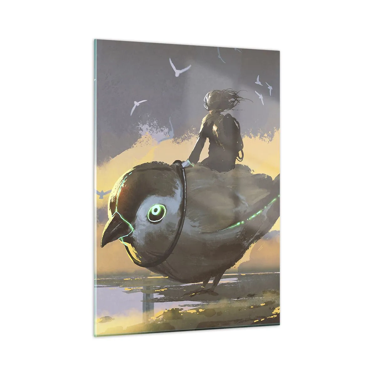 Cuadro sobre vidrio - Impresiones sobre Vidrio - Una figura de un pájaro gigante a la luz del sol poniente. - 50x70cm - Una parada en un viaje fantástico - Decoración de pared moderna para salón y dormitorio ARTTOR