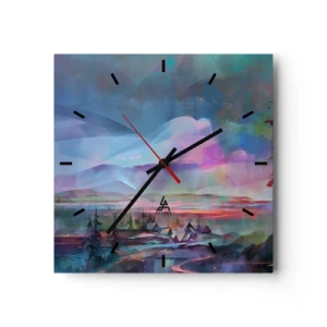 Reloj de pared - Reloj de vidrio - Paisaje de montaña con un cielo colorido y un pueblo. - 30x30cm - Bajo un cielo benévolo - Decoración de pared moderna para salón y dormitorio ARTTOR