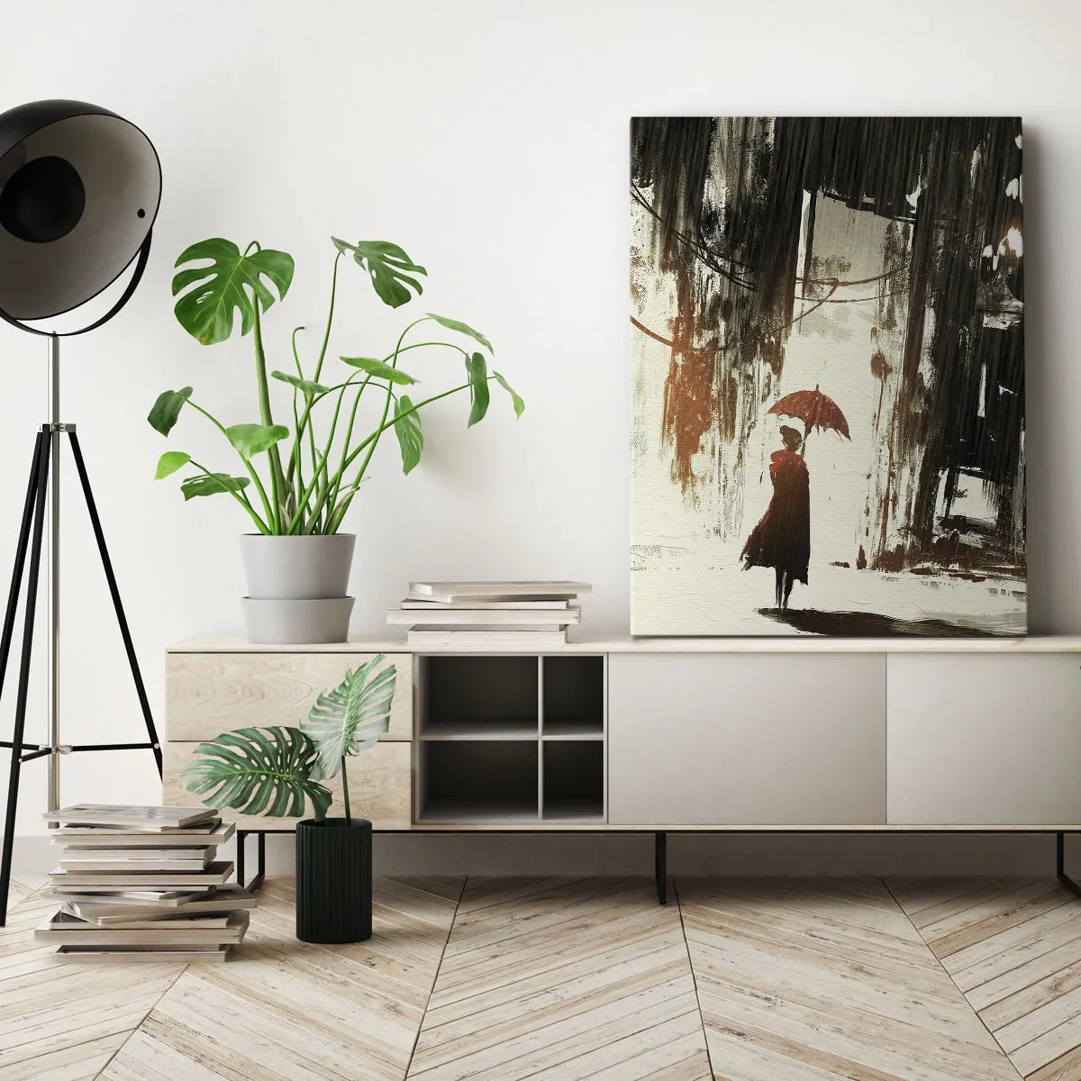 Cuadro sobre lienzo - Impresión de Imagen - Una figura roja con un paraguas en una escena lluviosa. - 70x100cm - Poesía de un paraguas rojo - Decoración de pared moderna para salón y dormitorio ARTTOR
