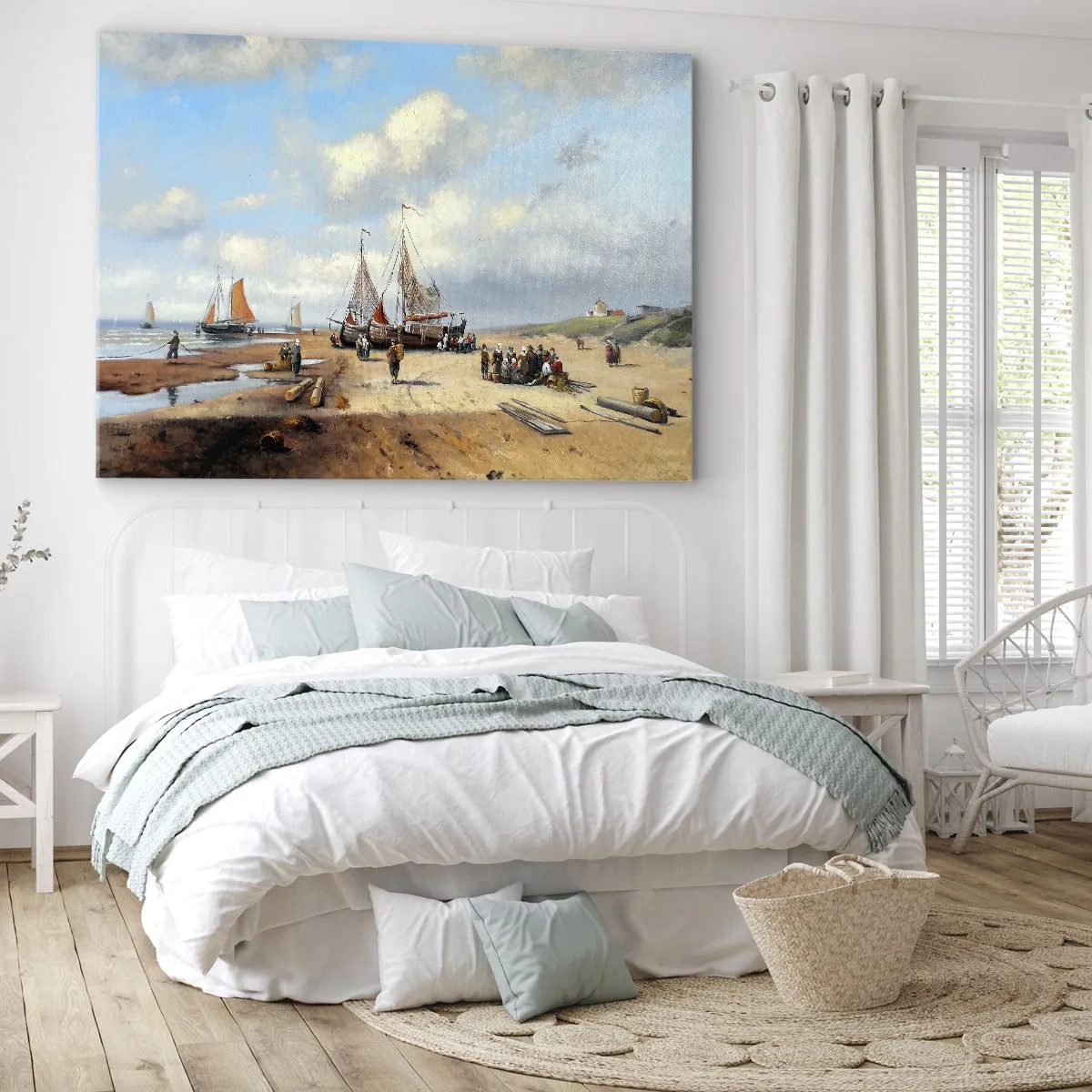 Cuadro sobre lienzo - Impresión de Imagen - Barcos de pesca en la playa con figuras humanas - 70x50cm - Después de una pesca exitosa - Decoración de pared moderna para salón y dormitorio ARTTOR