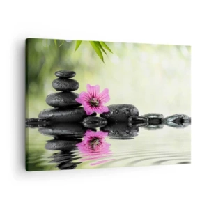 Cuadro sobre lienzo - Impresión de Imagen - Piedras zen y una flor rosa reflejada en el agua. - 70x50cm - Tiempo para el alma - Decoración de pared moderna para salón y dormitorio ARTTOR