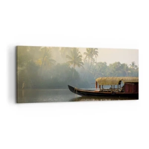 Cuadro sobre lienzo - Impresión de Imagen - Un barco tradicional en un río tranquilo entre palmeras. - 120x50cm - Casa en el río - Decoración de pared moderna para salón y dormitorio ARTTOR