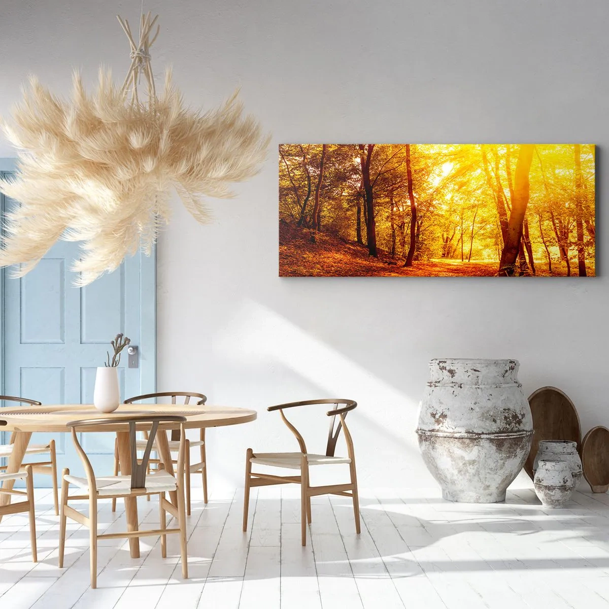 Cuadro sobre lienzo - Impresión de Imagen - Claro de otoño bajo la luz dorada del sol con un sendero forestal - 160x50cm - Hacia un claro de oro - Decoración de pared moderna para salón y dormitorio ARTTOR