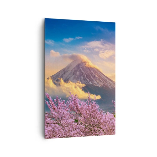 Cuadro sobre lienzo - Impresión de Imagen - Monte Fuji con flores de cerezo al fondo al atardecer - 80x120cm - La santidad japonesa - Decoración de pared moderna para salón y dormitorio ARTTOR