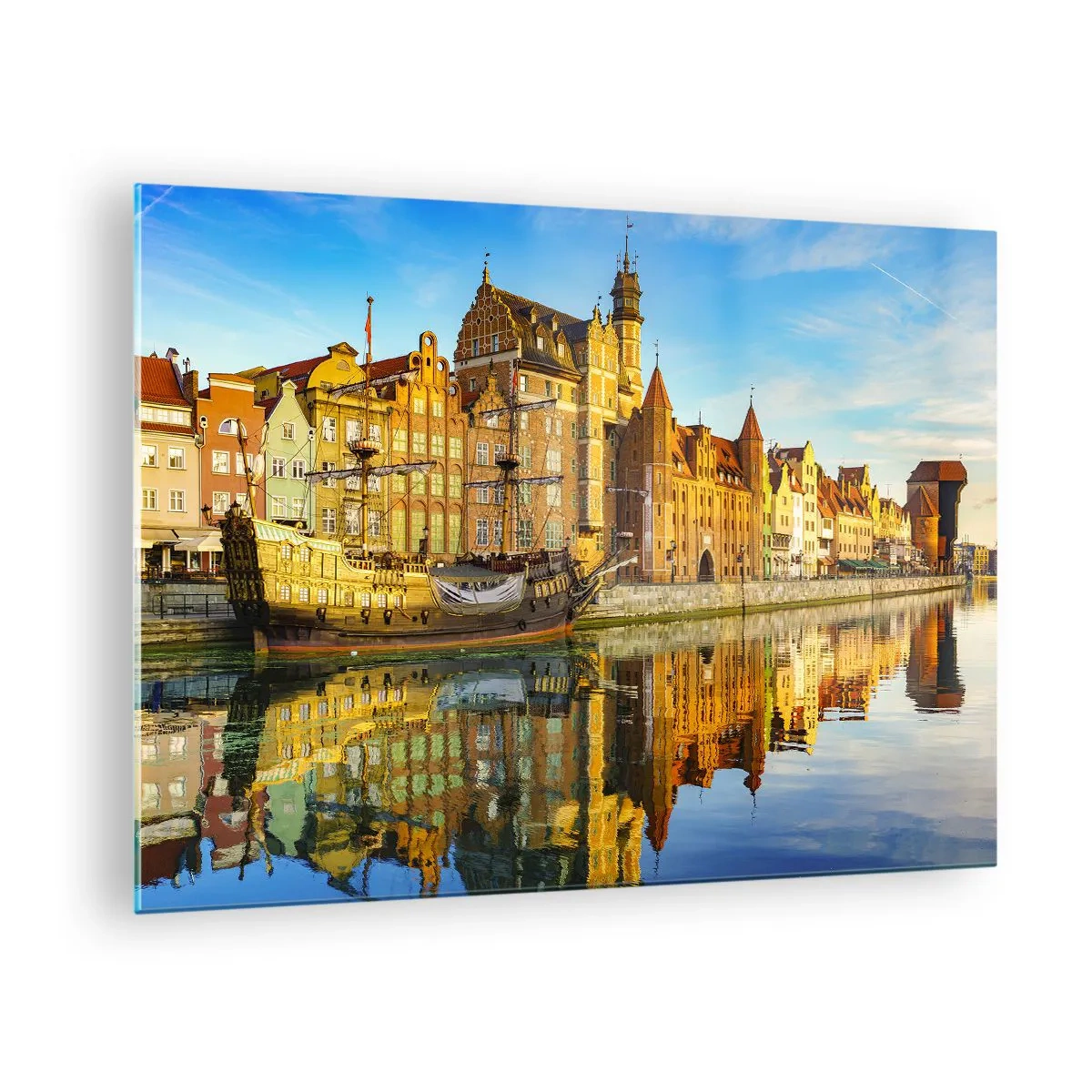 Cuadro sobre vidrio - Impresiones sobre Vidrio - El casco antiguo de Gdansk con su reflejo en el agua - 70x50cm - Un espejo del pasado - Decoración de pared moderna para salón y dormitorio ARTTOR