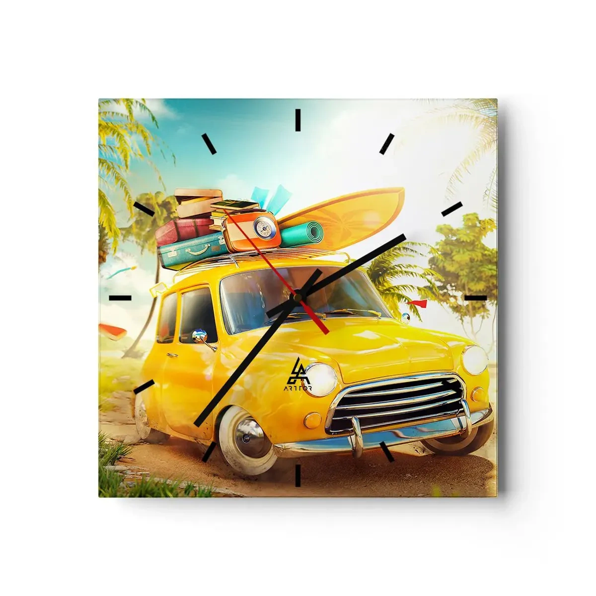 Reloj de pared - Reloj de vidrio - Un coche amarillo con equipaje frente a un paisaje tropical. - 30x30cm - Un viaje para más de una sonrisa - Decoración de pared moderna para salón y dormitorio ARTTOR