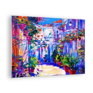 Cuadro sobre vidrio - Impresiones sobre Vidrio - Una calle colorida con plantas en flor y luz. - 70x50cm - Impresión - una calle italiana - Decoración de pared moderna para salón y dormitorio ARTTOR