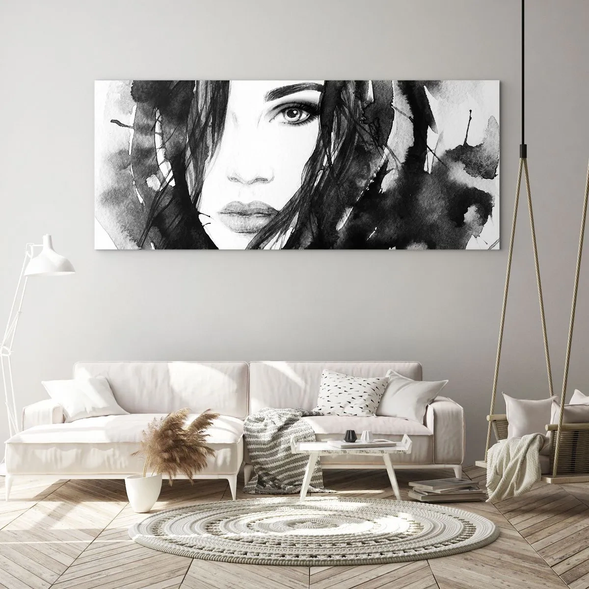 Cuadro sobre vidrio - Impresiones sobre Vidrio - Retrato de una dama en blanco y negro - 100x40 cm